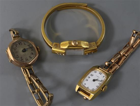 A ladys 9ct gold wrist watch on 9c bracelet and two other ladys wrist watches, one on a 9ct gold bracelet.